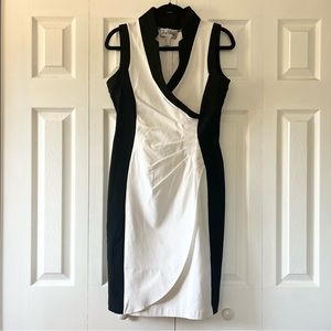 Joseph Ribkoff Black White Sleeveless Faux Wrap Body Con dress size 10